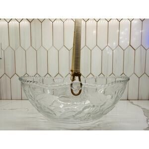 Vtge Italian Vetreria Etrusca Glass Bowl | Raised Hibuscus |‎ Bamboo Handle